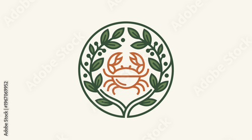 Elegant Crab Emblem With Foliage In Circle
