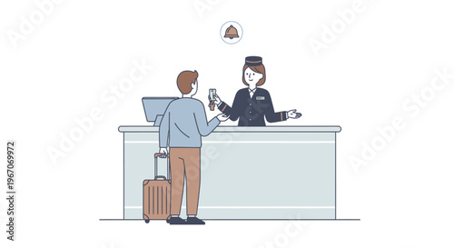 Hotel guest checking in with receptionist at counter, bell icon above