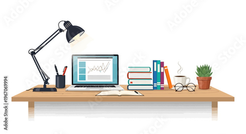 Desk with laptop, books, lamp, and plant for remote work or study