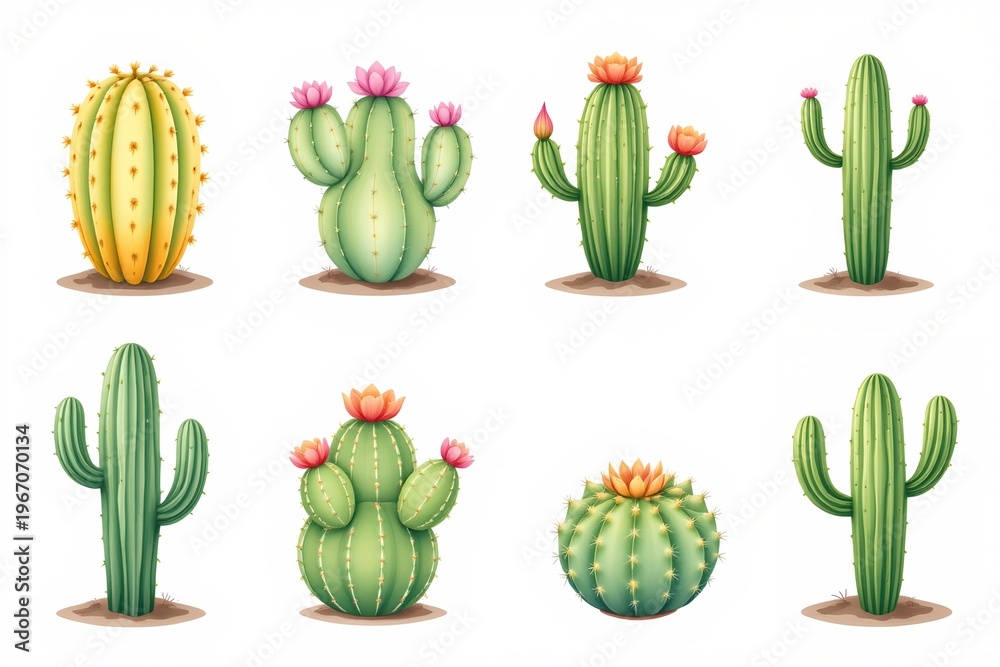 Fototapeta premium Watercolor Cactus Variety Collection Soft Pastel Tones
