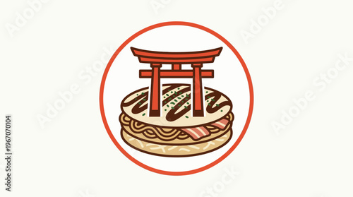 Japanese Food Logo Okonomiyaki and Torii Gate Emblem