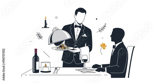 Waiter Serving Gourmet Meal to Man in Elegant Restaurant