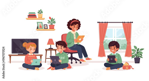 Diverse children learning with tablets in a cozy home classroom setting with teacher