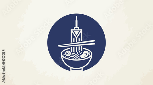 Modern Ramen Bowl Logo With Chopsticks and Tower