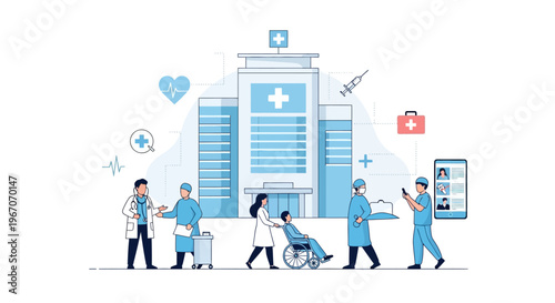 Modern hospital building with medical staff and patient care icons, healthcare concept.