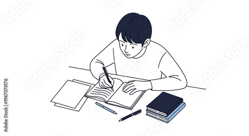 Young student writing in notebook, studying at desk with books and papers, focused learning, minimalist illustration