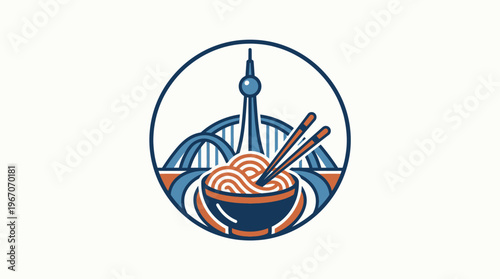 Noodle Bowl with Chopsticks and City Landmark Icon