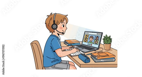 Boy learning online with headset and laptop, video call with classmates