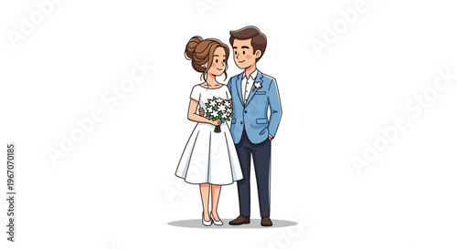 Happy Couple Wedding Day Illustration Bride Groom White Dress Blue Suit Holding Flowers