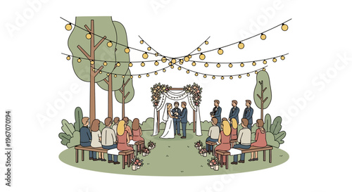 Outdoor Wedding Ceremony with Guests and String Lights Decor