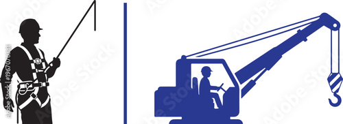 A vector illustration featuring a black silhouette of a worker wearing a safety harness on the left and a blue silhouette of an operator driving a crane on the right.