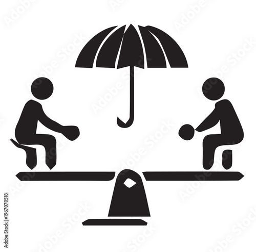 Black silhouette of two people sitting on seesaw under umbrella