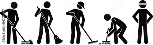 Cleaning worker silhouette set, janitor people collection, housekeeping tasks, sweeping mopping icons, maintenance staff, hygiene service, vector illustration design