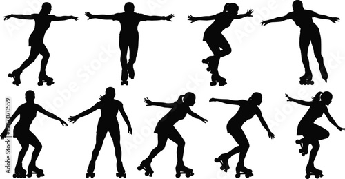 Roller skating silhouette collection, skater poses set, inline quad skates, sport activity, motion movement, people skating, fitness recreation, vector illustration