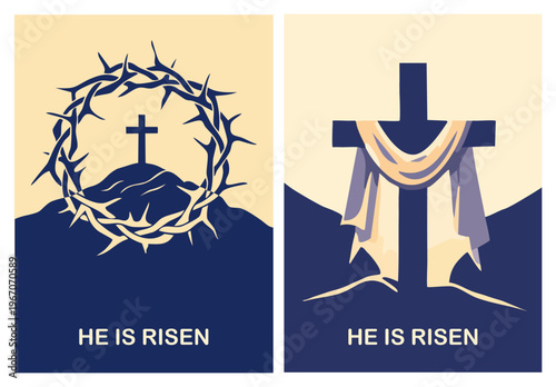 Christian Easter vector poster set with cross, crown of thorns and “He is risen” message. Symbolic Resurrection of Christ design in modern flat style, ideal for church cards, prints or worship visuals