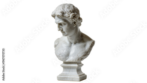 Obraz na plátně Classical marble male bust sculpture with detailed hair and pedestal, isolated o