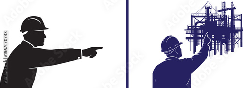 A vector illustration featuring a black silhouette of a construction worker pointing to the right, and a blue silhouette of a worker pointing at a complex industrial structure or refinery.