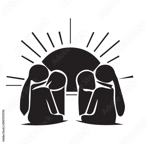 Black silhouettes of three people covering their ears from loud noise