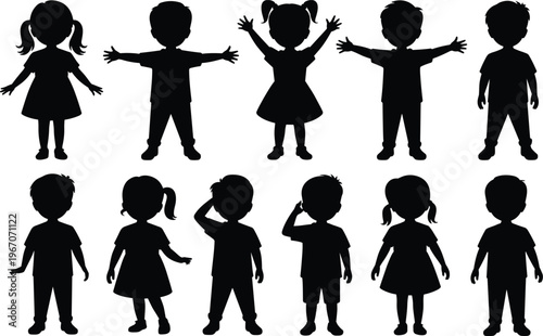 Collection of Black Silhouette Children Poses Standing and Waving on a White Background kids black and white