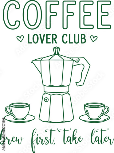 Coffee Lover Club Bold Outline SVG Illustration with Moka Pot for Shirts, Mugs, Gifts, and Coffee Lovers