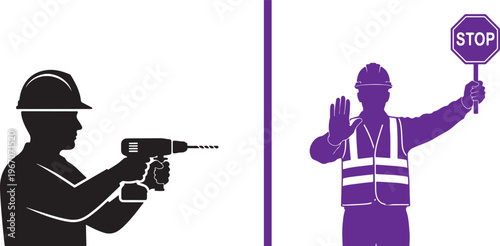 A vector graphic featuring a black silhouette of a worker using a power drill on the left, and a purple silhouette of a construction worker in a safety vest holding a "STOP" sign on the right.