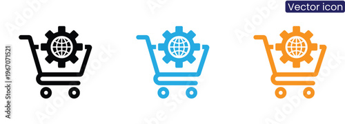 Shopping cart with gear and globe on white background vector icon set