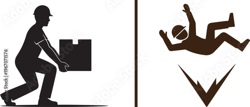 A vector illustration featuring a silhouette of a worker lifting a box on the left, and a symbol depicting a person falling, representing a hazard or accident, on the right.