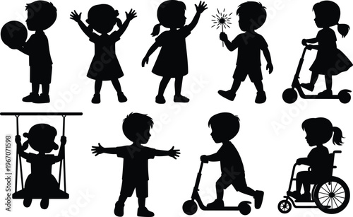 Collection of Diverse Children Silhouettes in Various Activities and Poses Keywords: children, silhouettes, kids, boys, girls, playing, activities, poses, diverse, collection, group, set