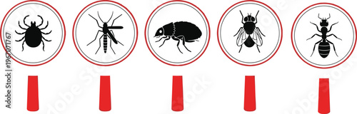 Pest control warning signs set, insect icons, bug prohibition symbols, mosquito fly ant tick flea, safety hygiene, vector illustration
