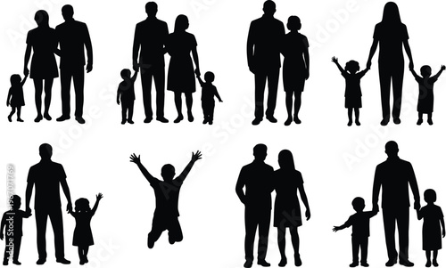 Diverse family silhouettes including parents with children and single parent with children in various poses