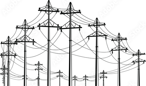 Dense Array of Overhead Power Line Poles and Wires in Black Silhouette Against a White Background