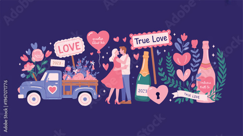 A whimsical illustration of a romantic couple standing beside a vintage truck surrounded by flowers and heart decorations on a lovely day
