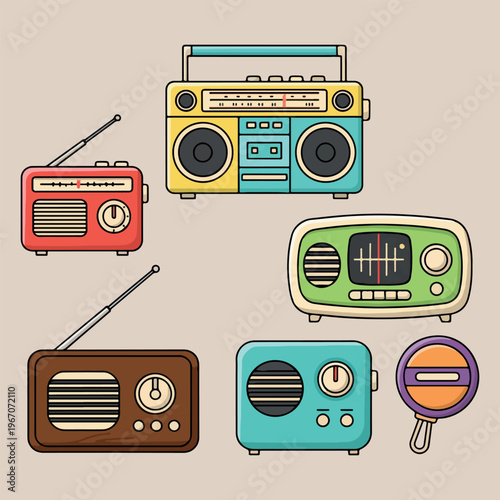 Vintage radio and boombox collection, Retro audio equipment vector, Antique portable radio sets, Classic music player illustrations, Old school sound system set, Nostalgic electronics design elements,