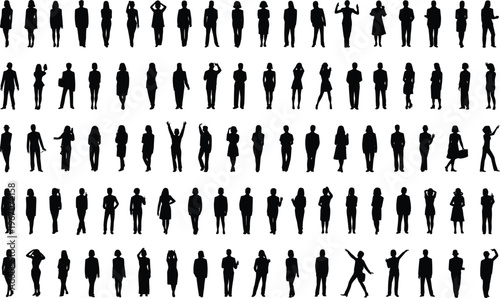Extensive Collection of Diverse Adult Silhouettes in Various Poses and Activities Keywords: adults, silhouettes, people, men, women, business, casual, poses, diverse, collection, group