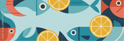 Flat Vector Seafood Banner with Geometric Fish and Lemon Shapes, Modern Abstract Background for Food Branding