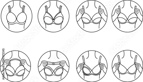 Bra fitting guide illustration steps for adjusting straps band cups for perfect support comfort lingerie fitting tutorial vector line art
