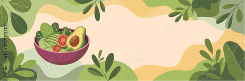 Healthy Food Banner with Fresh Salad Bowl and Green Leaves, Organic Lifestyle Background for Wellness and Nutrition Branding