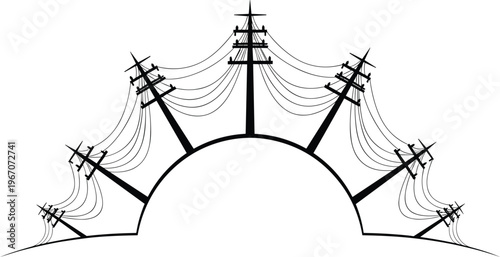 Symmetrical Overhead Power Line Poles Arranged in a Curved Fan Shape on a White Background electricity