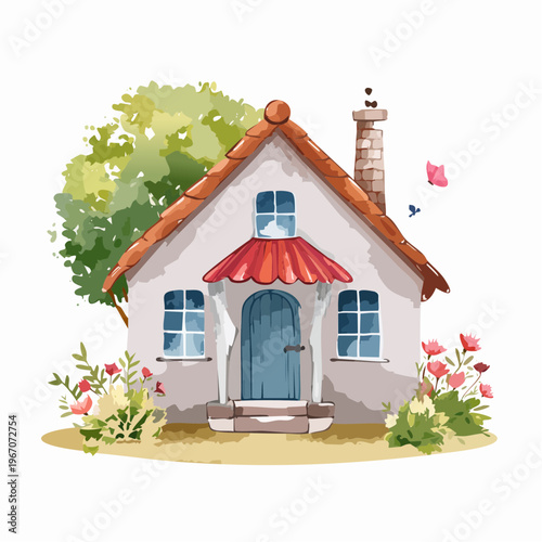 Niedliches Aquarell-Landhaus mit Ziegeldach und Blumen – Ländliche Illustration