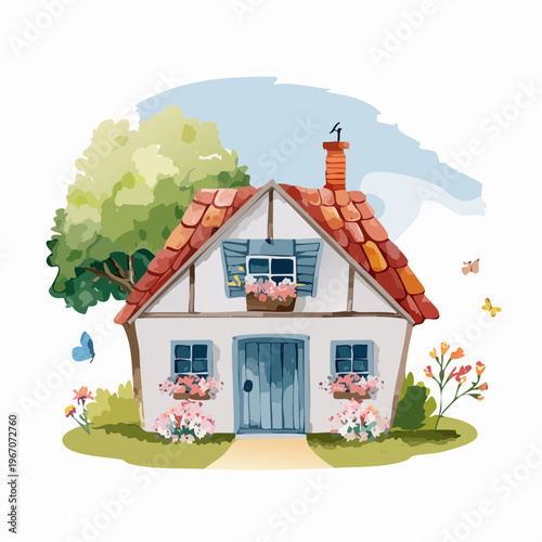 Niedliches Aquarell-Landhaus mit Ziegeldach und Blumen – Ländliche Illustration