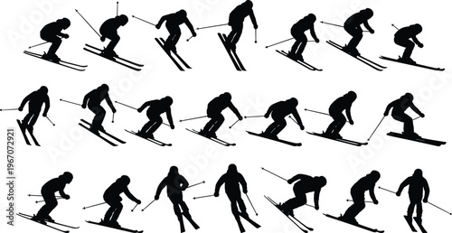 Skiing sequence silhouette, skier motion, winter sport action, downhill skiing, freestyle ski, snow sport, skier jump, alpine movement, ski technique