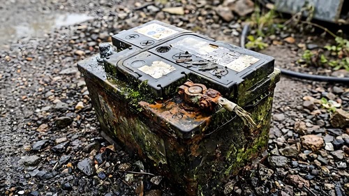 Aged Gray Car Battery Covered in Moss and Rust Sits on Rough Gravel Ground