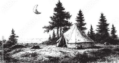 A vector illustration of a canvas camping tent in a forest. A vintage outdoor vector illustration.