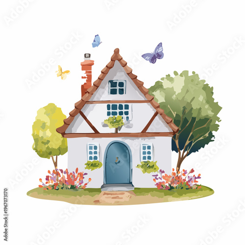 Niedliches Aquarell-Landhaus mit Ziegeldach und Blumen – Ländliche Illustration