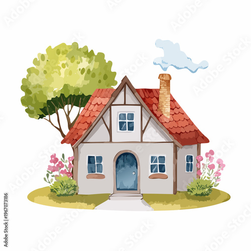 Niedliches Aquarell-Landhaus mit Ziegeldach und Blumen – Ländliche Illustration