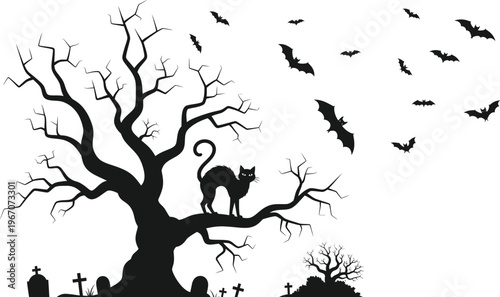 Silhouette of a black cat on a spooky tree branch with bats and gravestones with halloween theme with flat design with all hallows eve