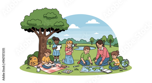 Children learning outdoors in a park with a teacher, exploring nature and geography.