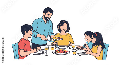 Happy family enjoying a meal together at a dining table, father serving food to children.