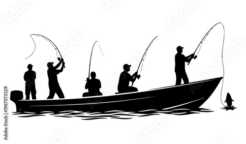 People fishing on boat silhouettes black vector illustration