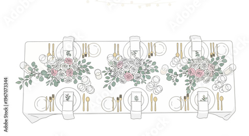 Elegant Wedding Table Setting with Floral Centerpieces and Gold Cutlery